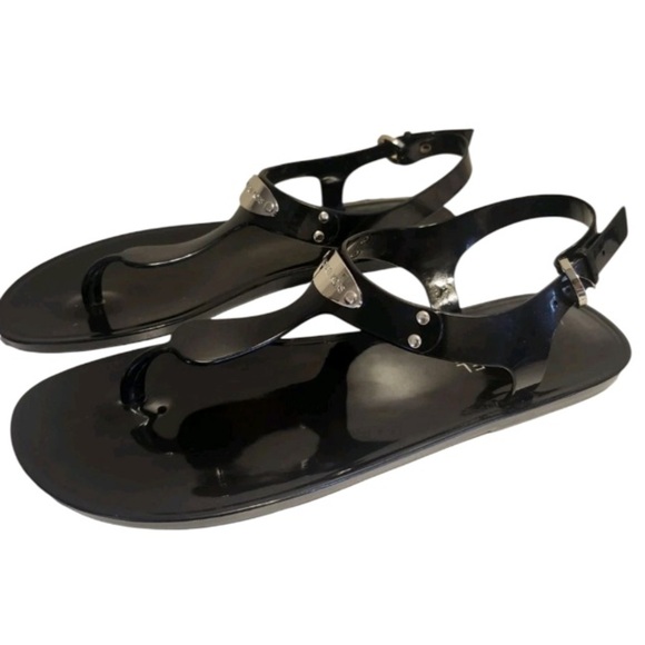 Michael Michael Kors Black Jelly "MK" Logo Plate T-Strap Thong Sandals Sz.8 - Picture 1 of 7
